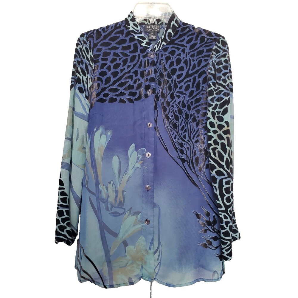 Citron Santa Monica Silk Blend Sheer Velvet Burnout Button-Up Blouse Size XS